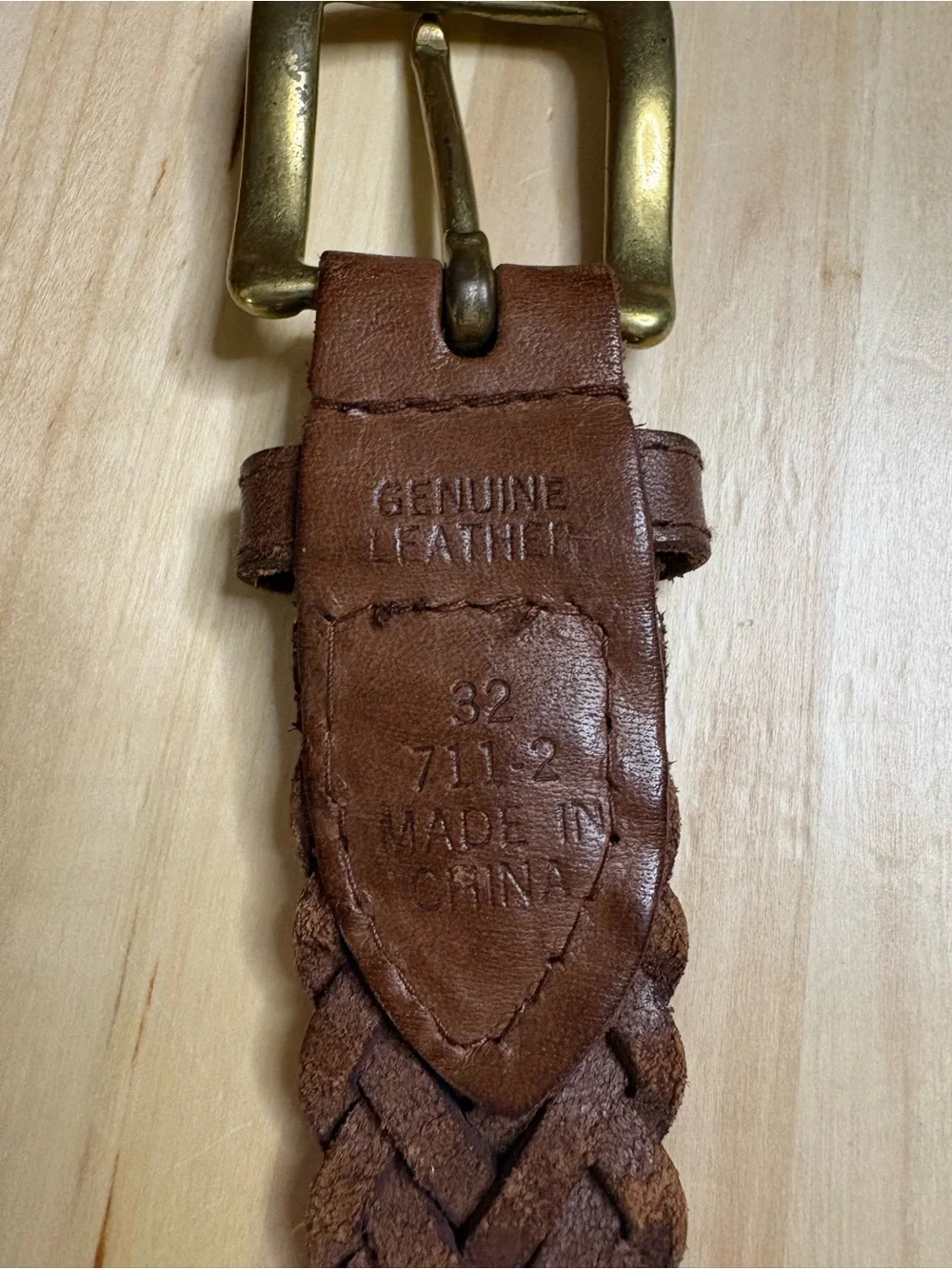 Woven brown leather belt, solid brass buckle